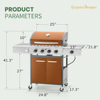 Captiva Designs 4-Burner Propane Gas Grill With Side Burner, 42,000 BTU, Silver - GR001