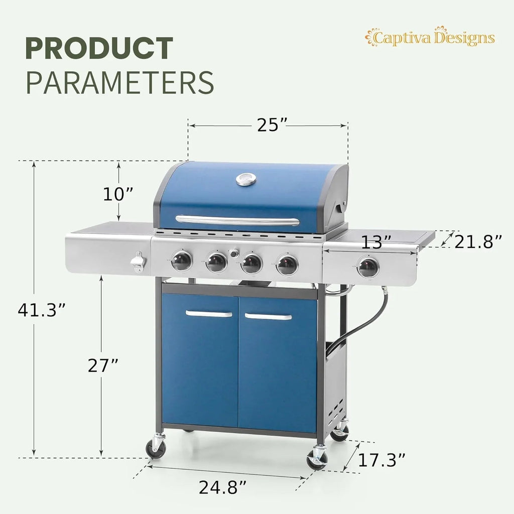 Captiva Designs 4-Burner Propane Gas Grill With Side Burner, 42,000 BTU, Silver - GR001