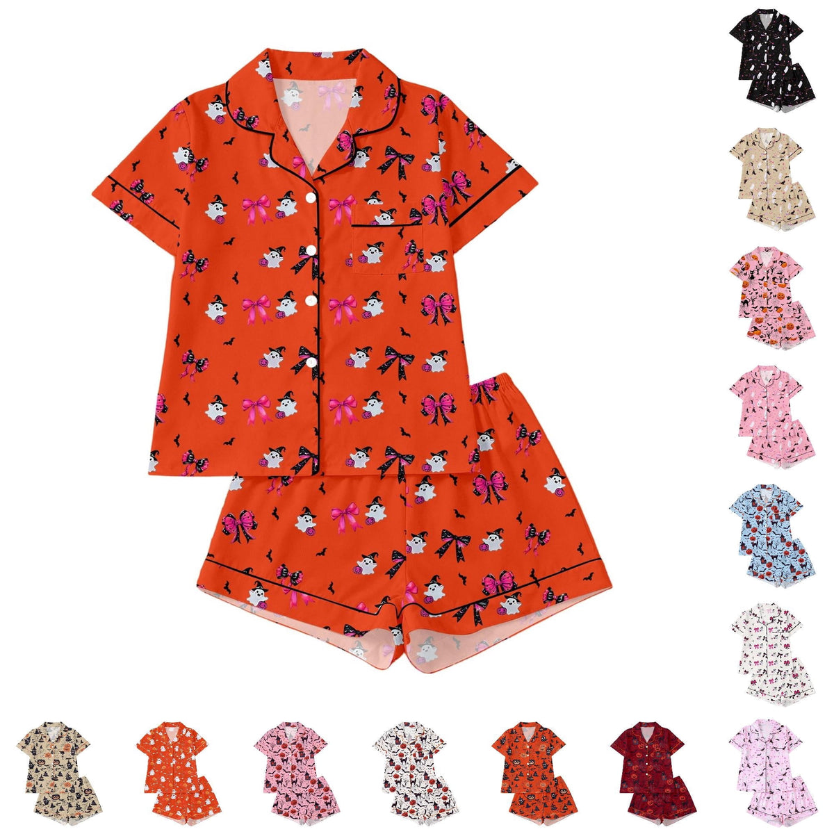 CUZIBR Girls Halloween Pajamas Sets Soft Comfortable Ghost Pumpkin Lapel Button Short Sleeve Shirt Elastic Waist Shorts 2 Pieces Sleep Loungewear Relaxed Sleepwear Outfits, Orange-C