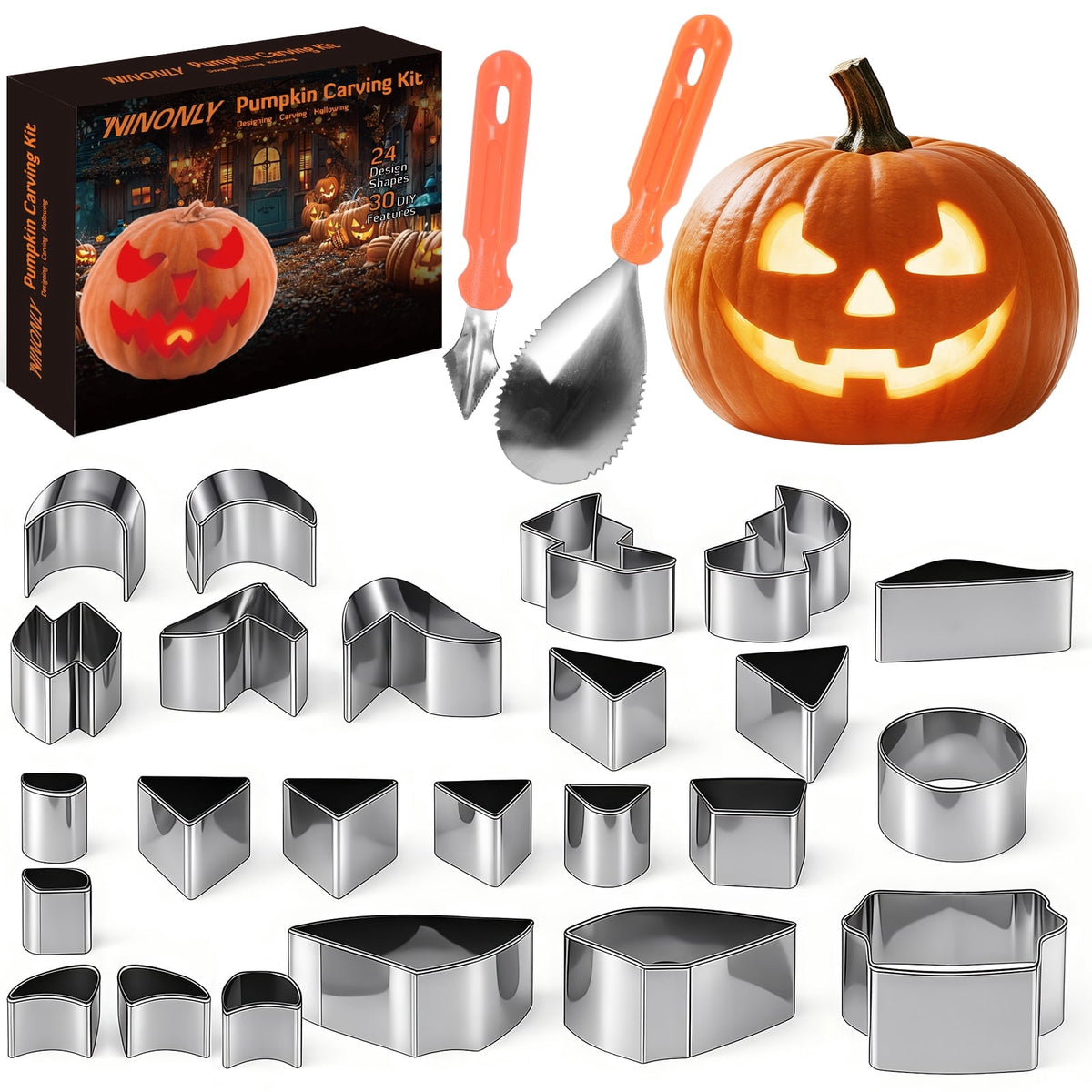 Ninonly 26Pcs Halloween Pumpkin Carving Kit, with 24 PCS Stainless Steel Pumpkin Carving Stencils&2 Carving Tools