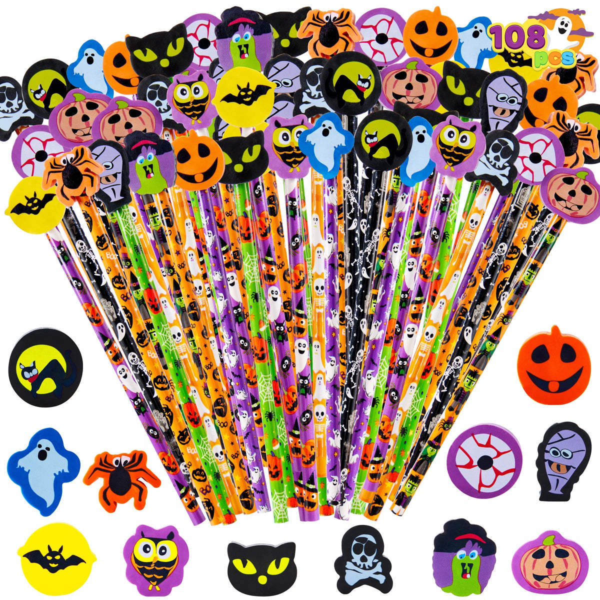 Joyfy 48 Pcs Halloween Pencils Bulk with Eraser for Kids, Colorful Pencils Stationery Pencil Set, Halloween Favors Prizes for Kids, Halloween Bulk Toys