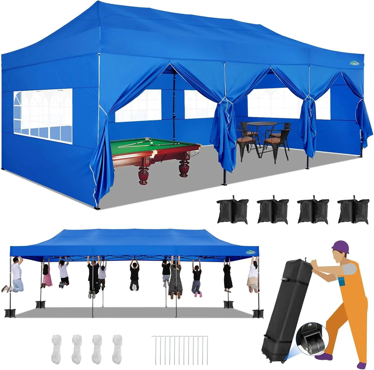 COBIZI 10x20 Heavy Duty Pop-Up Canopy Tent With 6 Sidewalls - Black