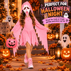 Pink Glitter Ghost Halloween Costume for Girls, Hooded Cosplay Dress with Mask, Spooky Horror Party Outfit
