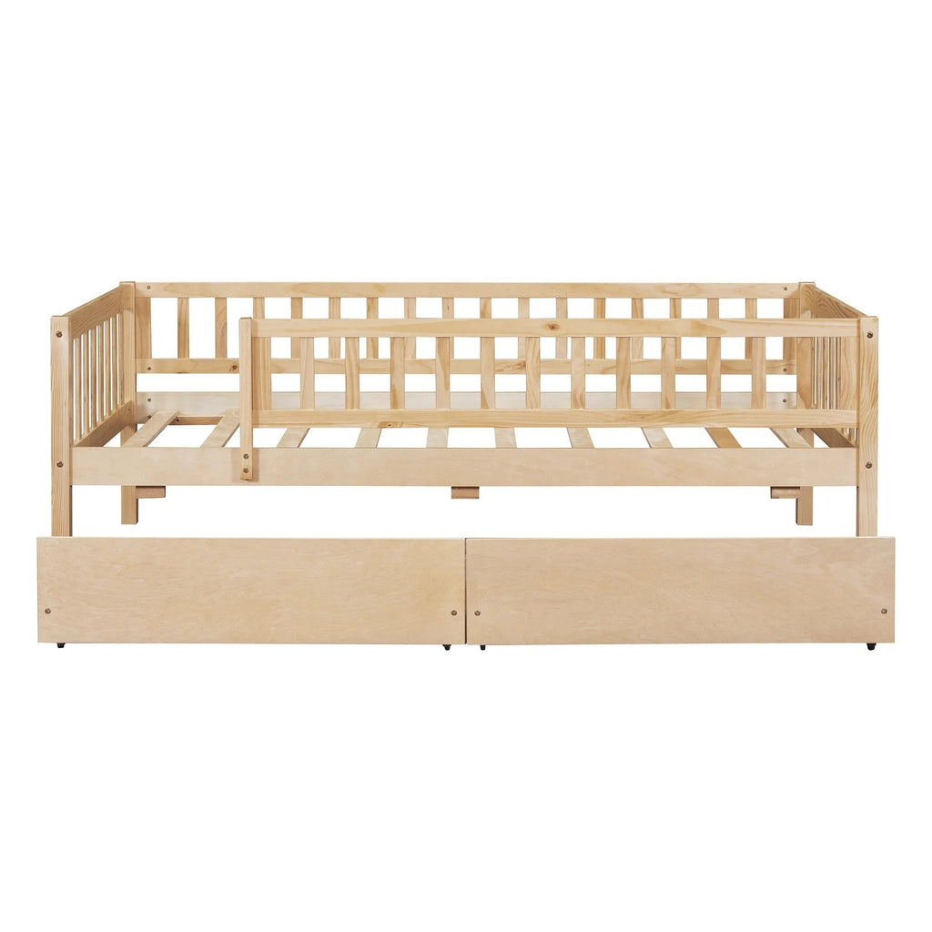 Holaki Twin Size Wood Kids' Bed With Guardrails And 2 Storage Drawers, Gray