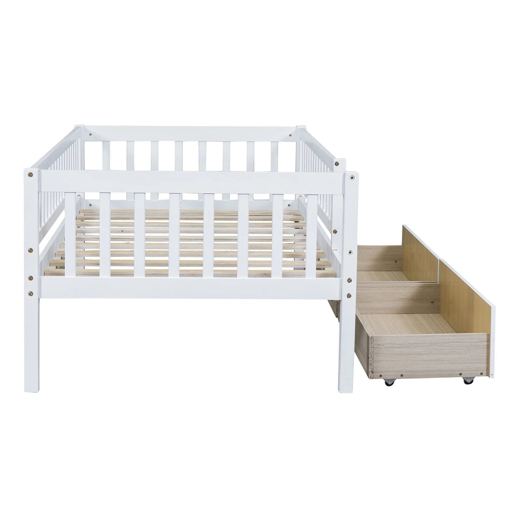 Holaki Twin Size Wood Kids' Bed With Guardrails And 2 Storage Drawers, Gray