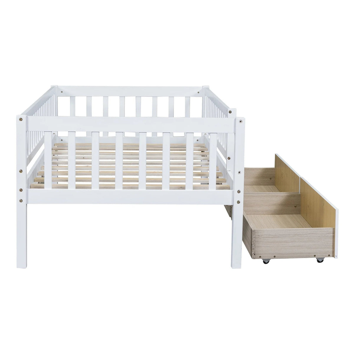 Holaki Twin Size Wood Kids' Bed With Guardrails And 2 Storage Drawers, Gray
