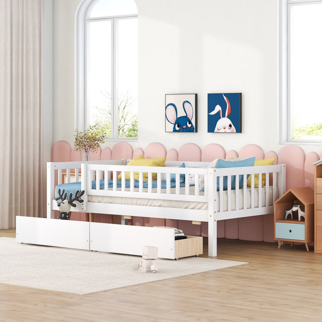 Holaki Twin Size Wood Kids' Bed With Guardrails And 2 Storage Drawers, Gray