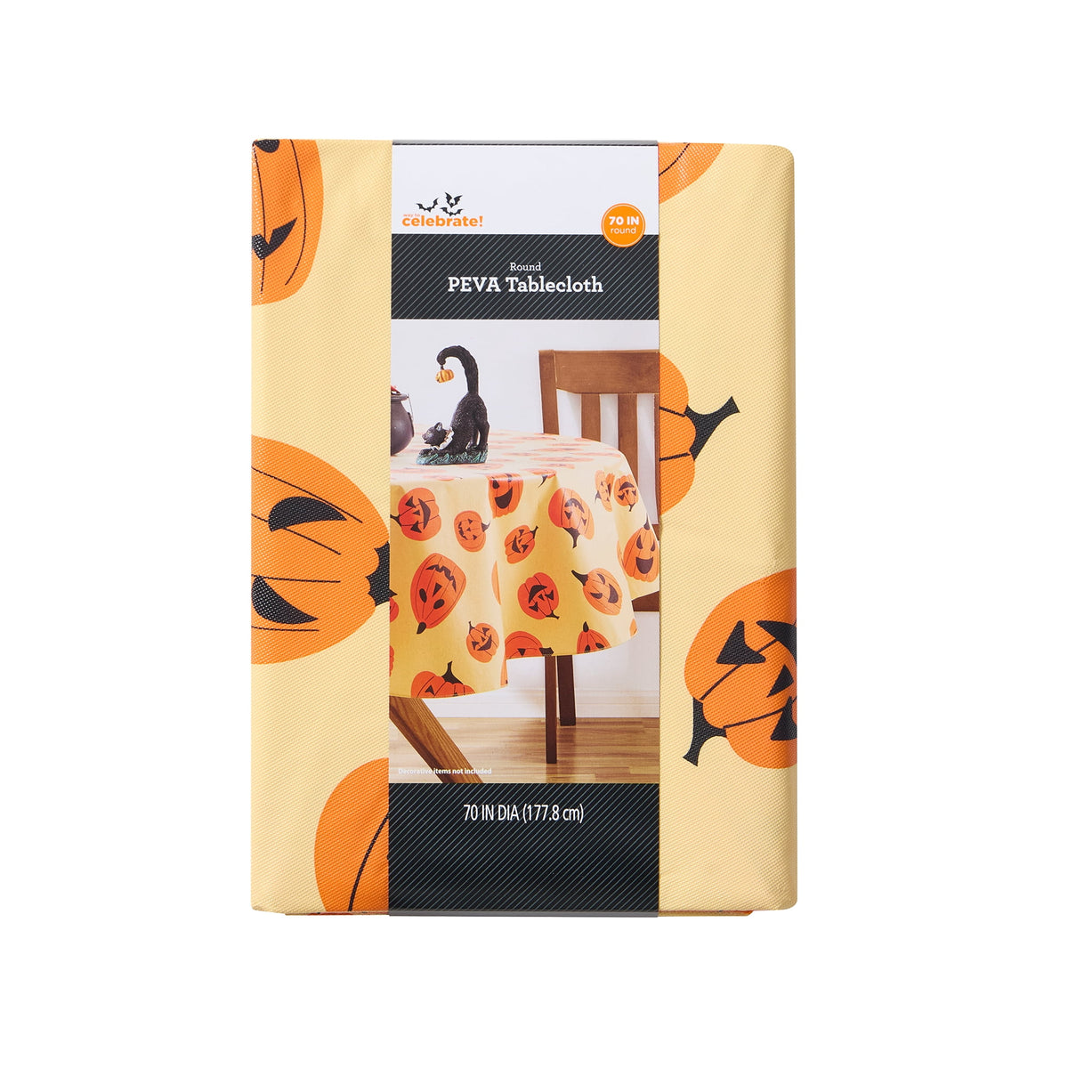 Way To Celebrate Halloween PEVA Tablecloth, Indoor & Outdoor Table 70" Round - Pumpkin Toss