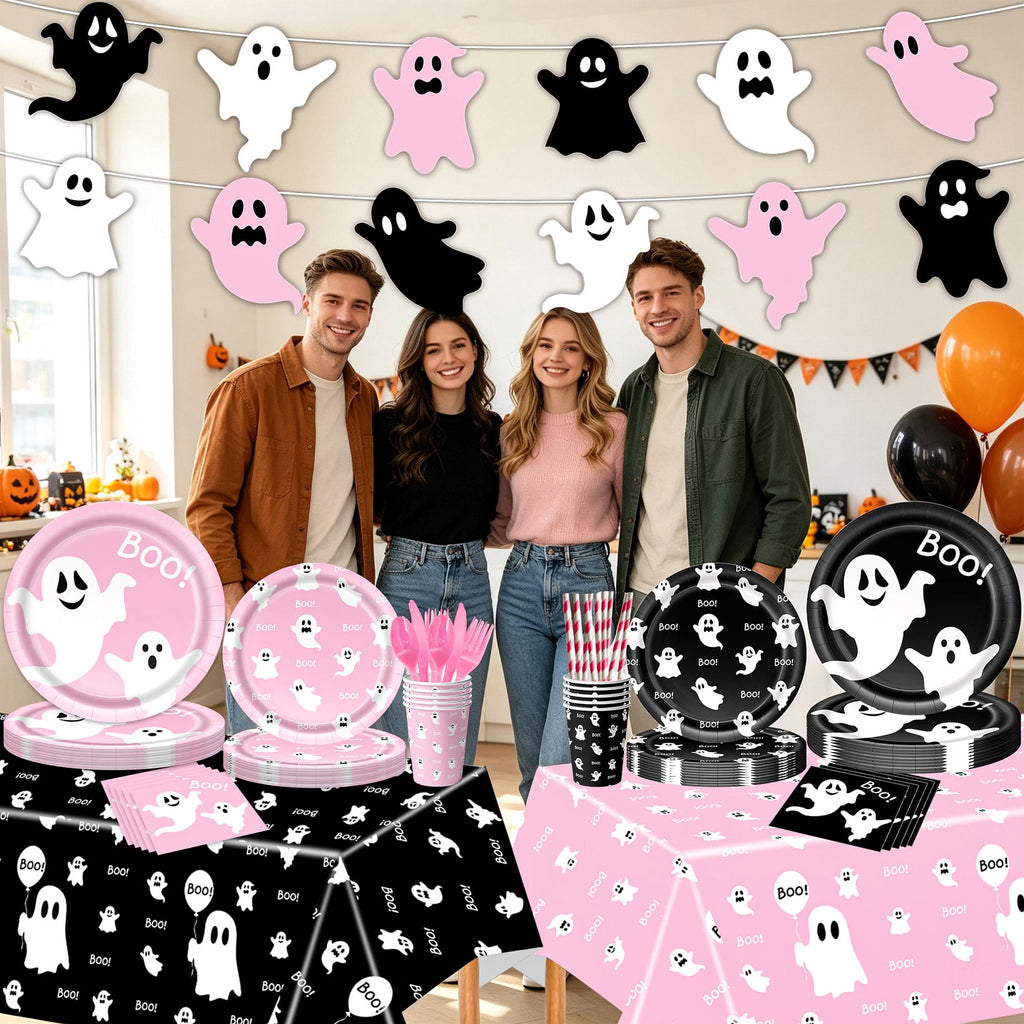 50/73/93Pcs Halloween Boo Party Tableware Supplies Decorations, Spooky Ghost Plates Napkins Boo Ghost Tableware Tablecloth Banner for Halloween Birthday Party Boo Baby Shower Party Supplies