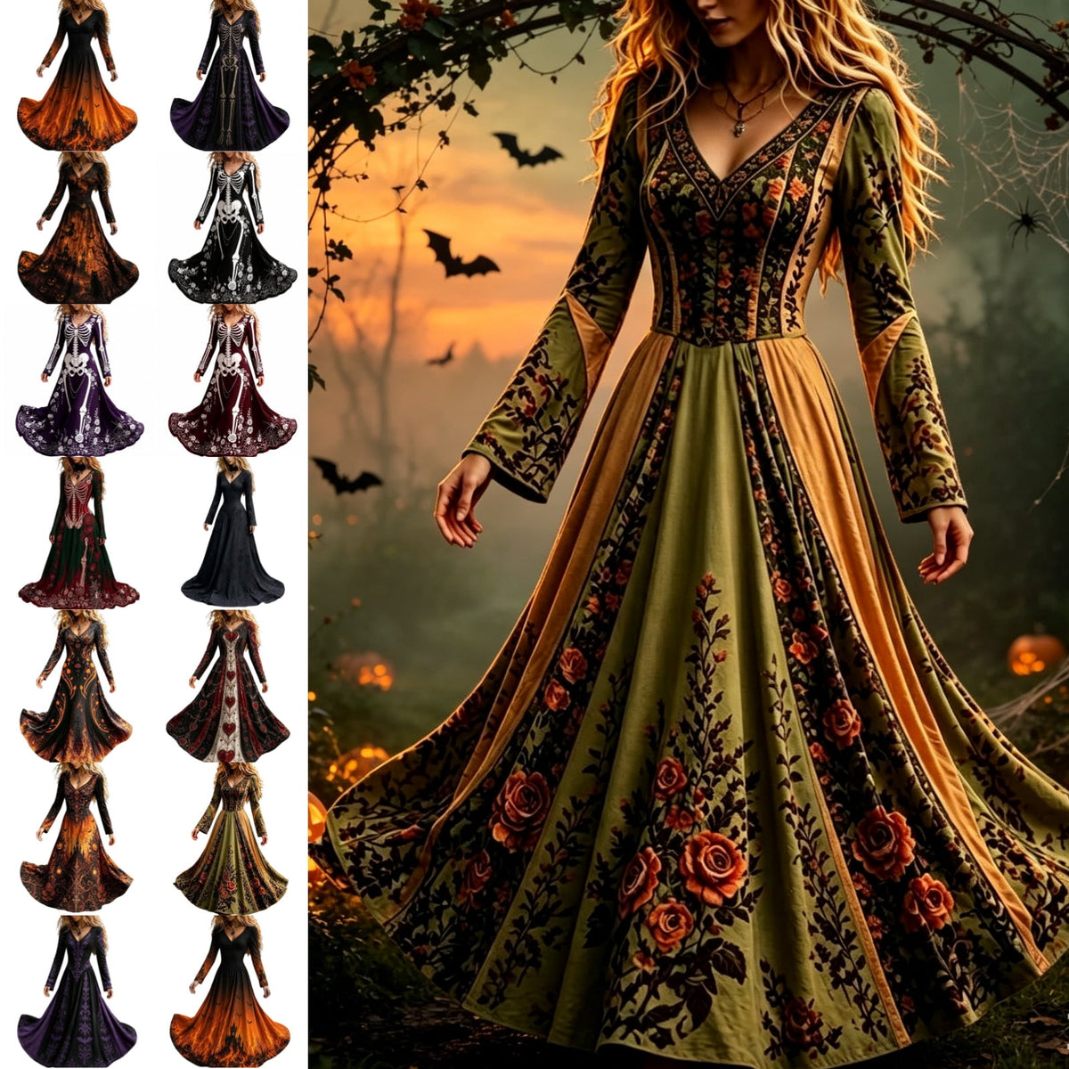 KICILVS Gothic Clothes For Women Black Spiderweb And Spider Print Flowing V Neck Long Maxi Dress Halloween Cosplay Gothic Party Dress