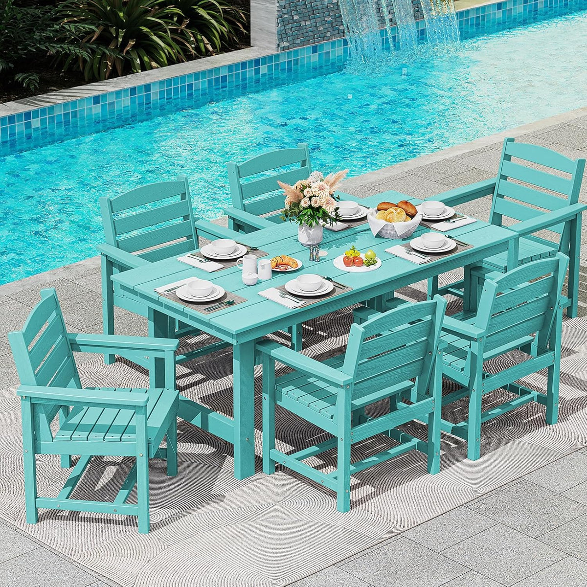 SERWALL 7-Piece HDPE Patio Dining Set, Aruba, 66.9in D x 32.2in W x 29.1in H