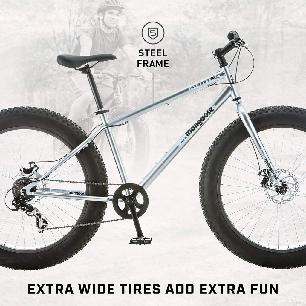 Mongoose Malus Adult Fat Tire Mountain Bike, 26-Inch Wheels, 4-Inch Tires, 7-Speed - R5714C