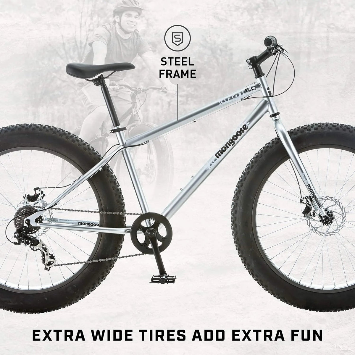 Mongoose Malus Adult Fat Tire Mountain Bike, 26-Inch Wheels, 4-Inch Tires, 7-Speed - R5714C