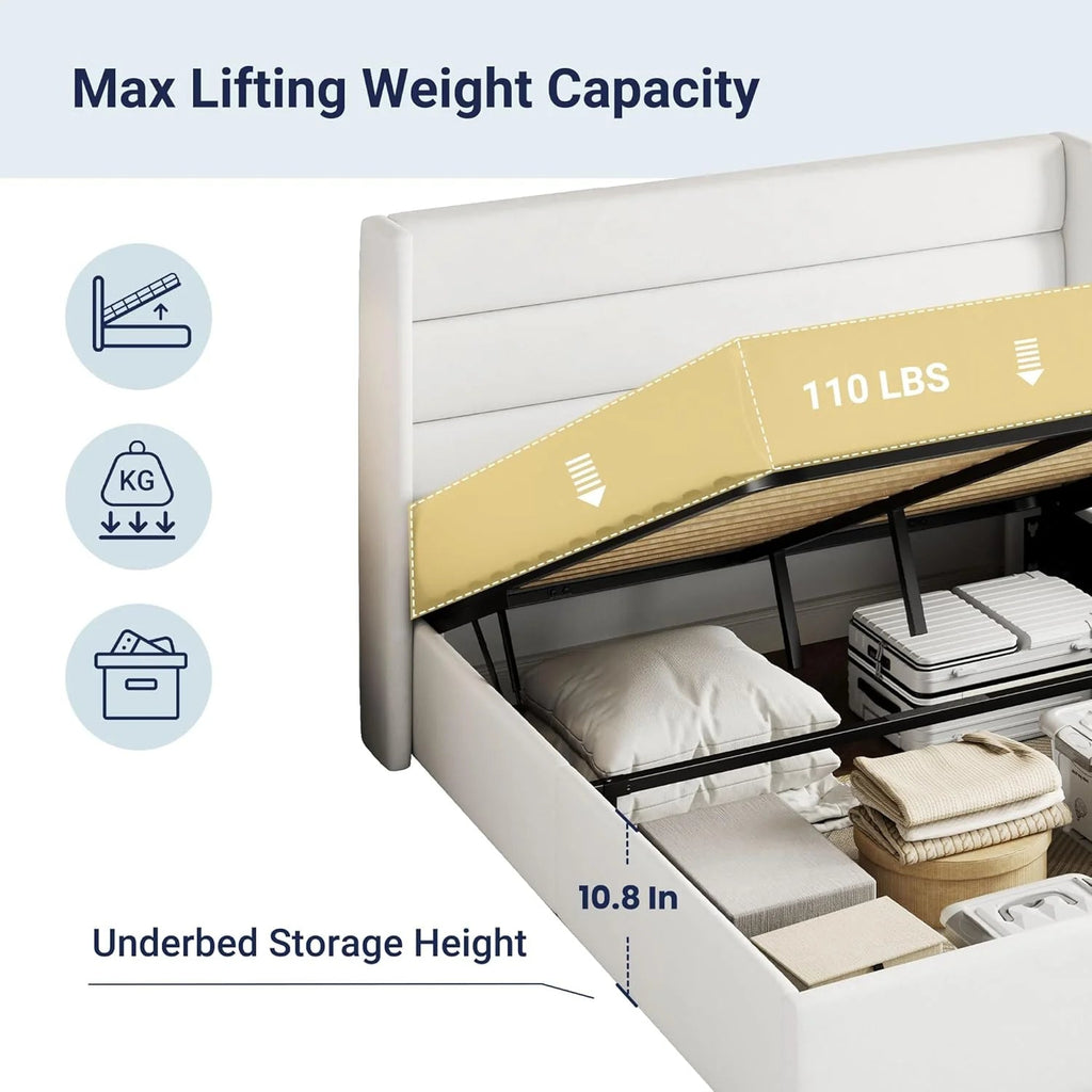 Allewie Queen Lift Up Storage Bed Frame With Wingback Headboard, Light Beige - 80.7 x 60.6 x 44.5 in
