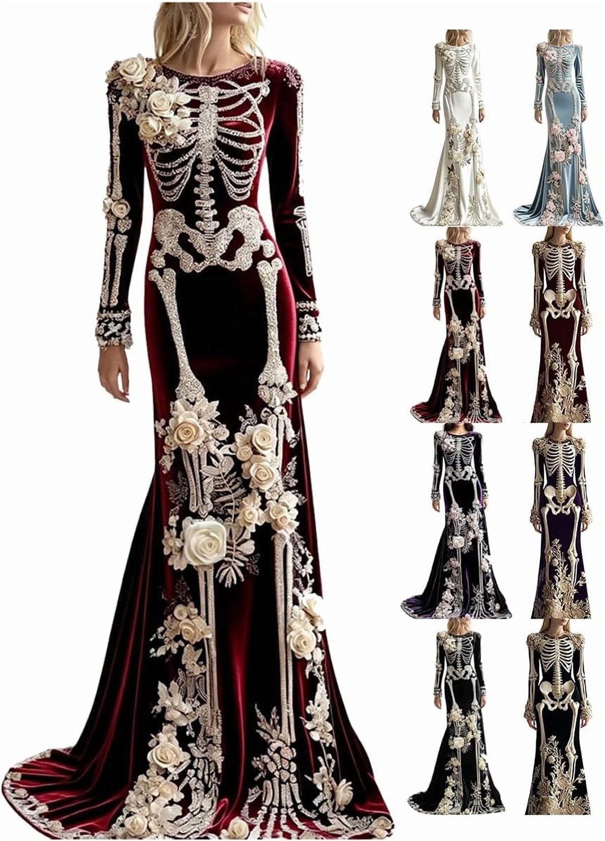 Women Skeleton Dress 3D Print Velvet Floral Long Sleeve Halloween Costumes, Skeleton Costume for Women Cosplay Party